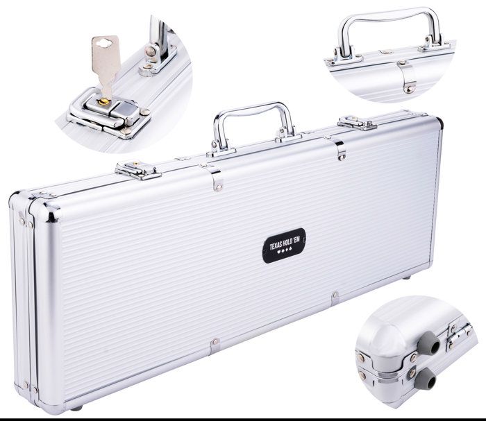 Набор для покера - серебристый металлический корпус - 500 фишек 11,5 г - 2 колоды карт - аксессуары включены