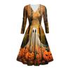 Women's Fashion V Neck Ruffle Long Sleeve Halloween Print Slim Fit Gown Casual Dress