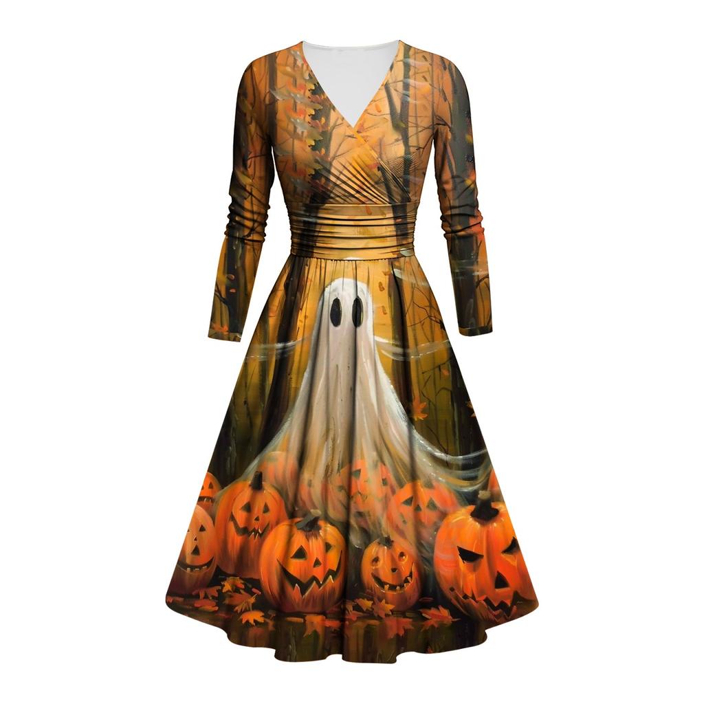 Women's Fashion V Neck Ruffle Long Sleeve Halloween Print Slim Fit Gown Casual Dress