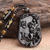 Retro Chinese Style Simulate Obsidian Engraved Zodiac Signs Animal Pendant Necklace for Men Jewelry