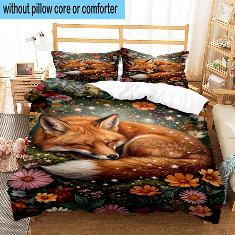 Fox Dreams In Space 3pcs Bedding,Including 1pc Duvet Cover And 2pcs Pillowcases Perfect for Christmas,Ideal for Bedroom, Dormitory