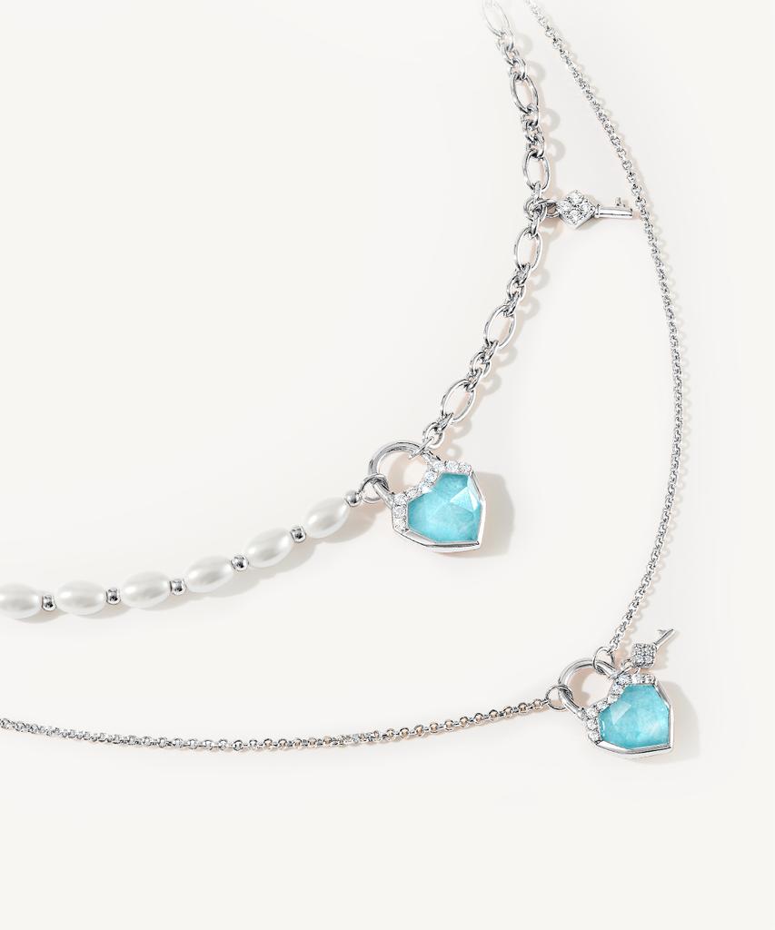 Lola Rose Heart Lock Amazonite Pendant Silver Chain Pearl Necklace