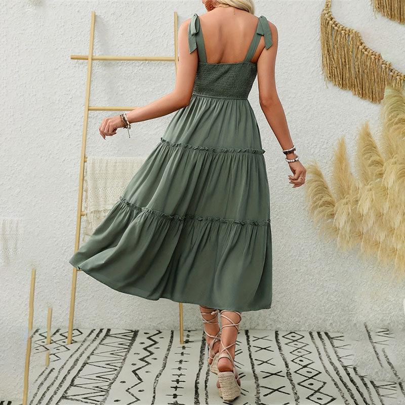 Женские летние платья трапециевидной формы с длинными рукавами и бретельками на шее