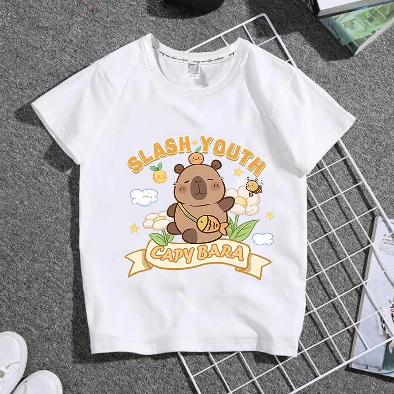 Capybaras Child Short Sleeve T-shirt Cute Cartoon Capibara Print Cotton Tops Girls Kawaii Summer Casual Tees Kids Birthday Gifts