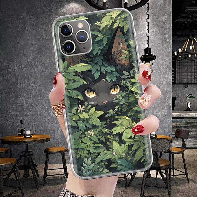 Аниме Милый Черный Кот Мяу Мягкий Чехол Для Телефона Для IPhone 11 17 Air 16E 16 Pro Max 15 + 14 Plus 13 Mini 12 Apple 7 SE 8 Fundas Coque