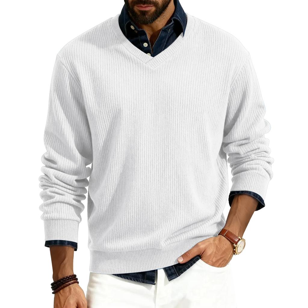 Men's V-neck Long-sleeved Ribbed Knit Pullover