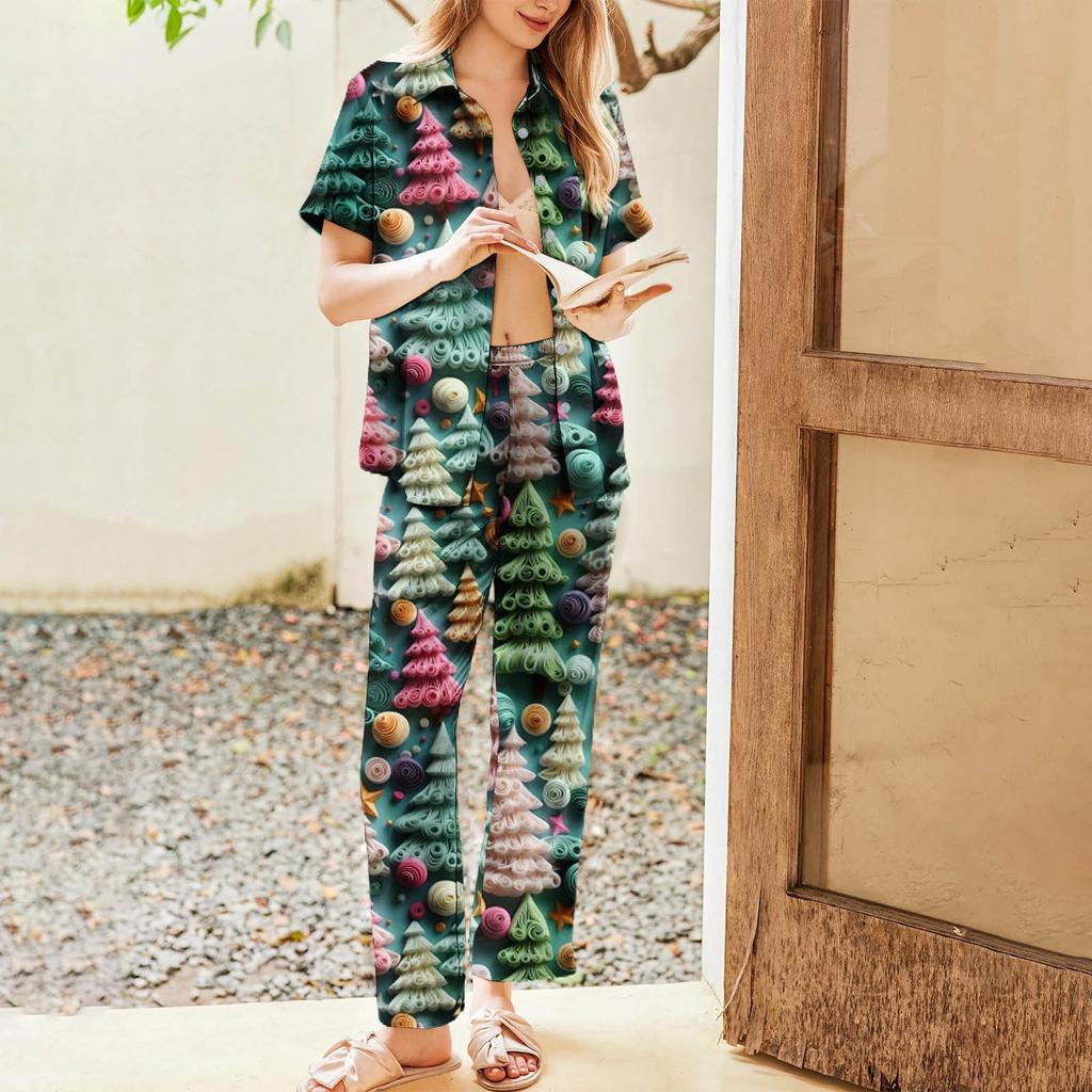 Women's Christmas Print Pajama Set Women's Short Sleeve Long Pants Two-piece Set Button-up Home Clothes