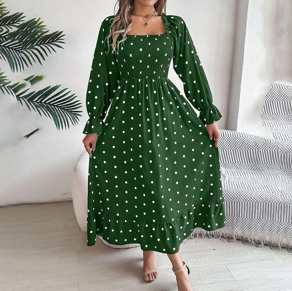 Женское осенне-зимнее темпераментное однотонное плиссированное платье в горошек с высокой талией и длинными рукавами