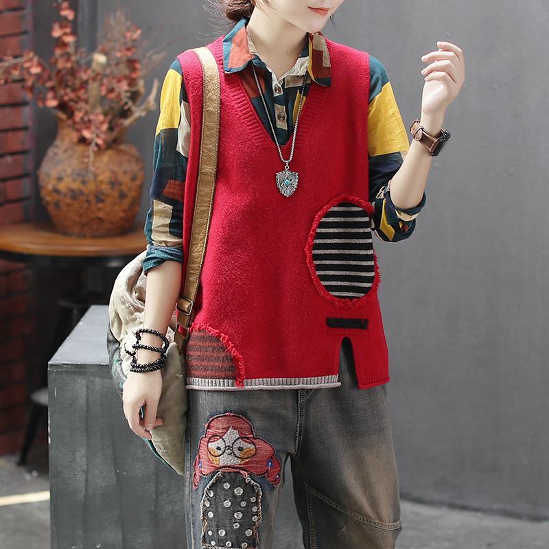 Autumn And Winter Fashion New Loose Knit Vest Sleeveless Color Matching V-neck Pullover Sweater Women's Wild Casual