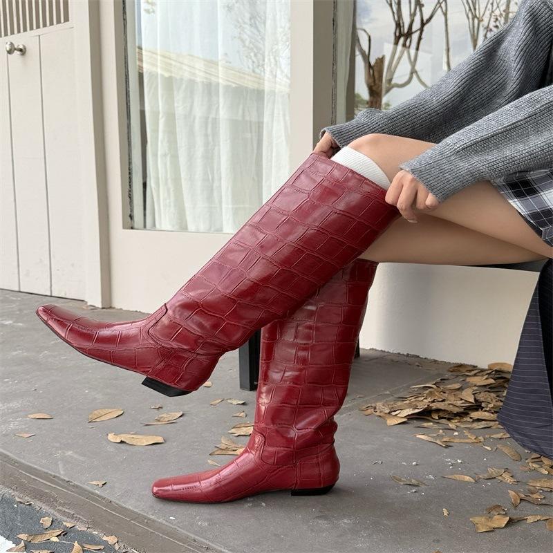 European and American style crocodile pattern square head high boots women's summer heightening knight boots slim boots