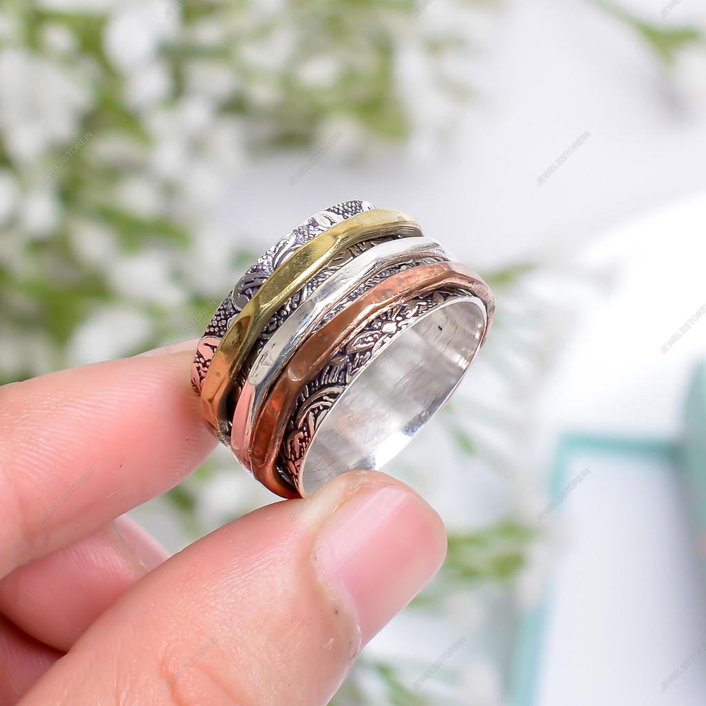 Triple Tone Spinner Silver Ring Handmade Ring Gemstone Ring Statement Ring Boho Silver Ring