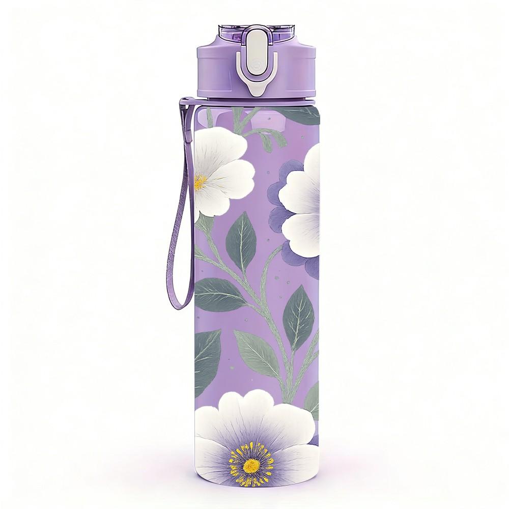 1PC White Purple Daisy Floral Pattern Print 750ml Color Plastic Sports Water Bottle Leakproof Flip Straw Lid Suitable for Sports Office Home Use