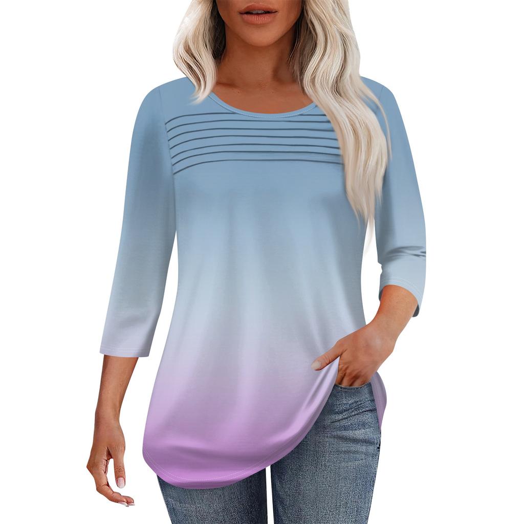 Women's Fashion Round Neck Pleated Front Placket Solid Color 3/4 Sleeve Top