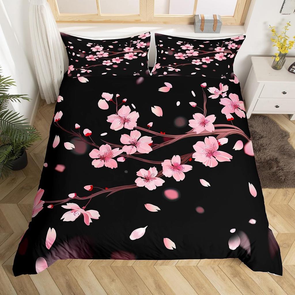 Пододеяльник Розовый Цвет Сакуры Твин Кинг, Японские Цветы Цветение Романтический Цветочный Постельный Комплект, Фермерский Дом Лепестки Чехол для Одеяла