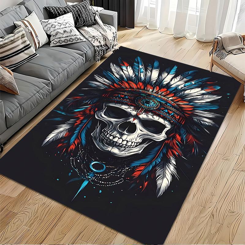 Skull with Tribal Feather Headdress suitable as a non-slip mat for the living room or bedroom sofa