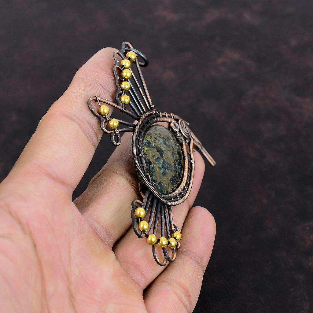 Copper Seraphinite Pendant Copper Wire Wrapped Pendant Dainty Gemstone Jewelry Handmade Bird Pendant Gift For Her Seraphinite Copper Jewelry
