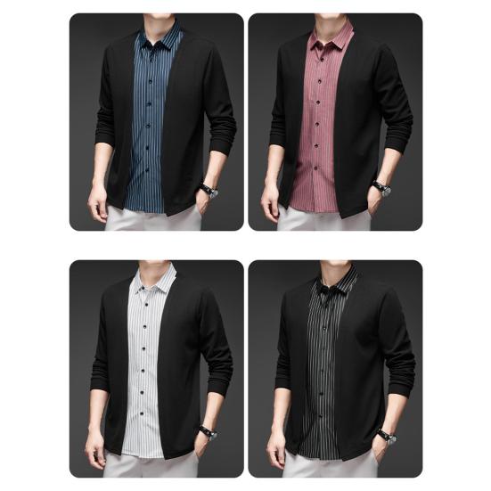 Мужская рубашка, имитация двухкомпонентного кардигана с отложным воротником, однобортная, в полоску, с длинными рукавами, подходящего цвета, трикотажная, официальная