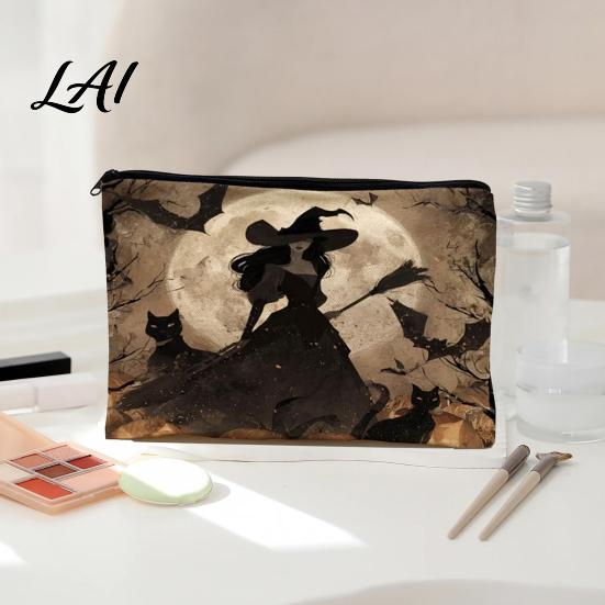 Smooth Zipper Bag Storage Bag with Zipper Thickened Polyester Large Capacity Colorful Printed Cosmetic Halloween Witch Pumpkin Pattern Pouch Durable