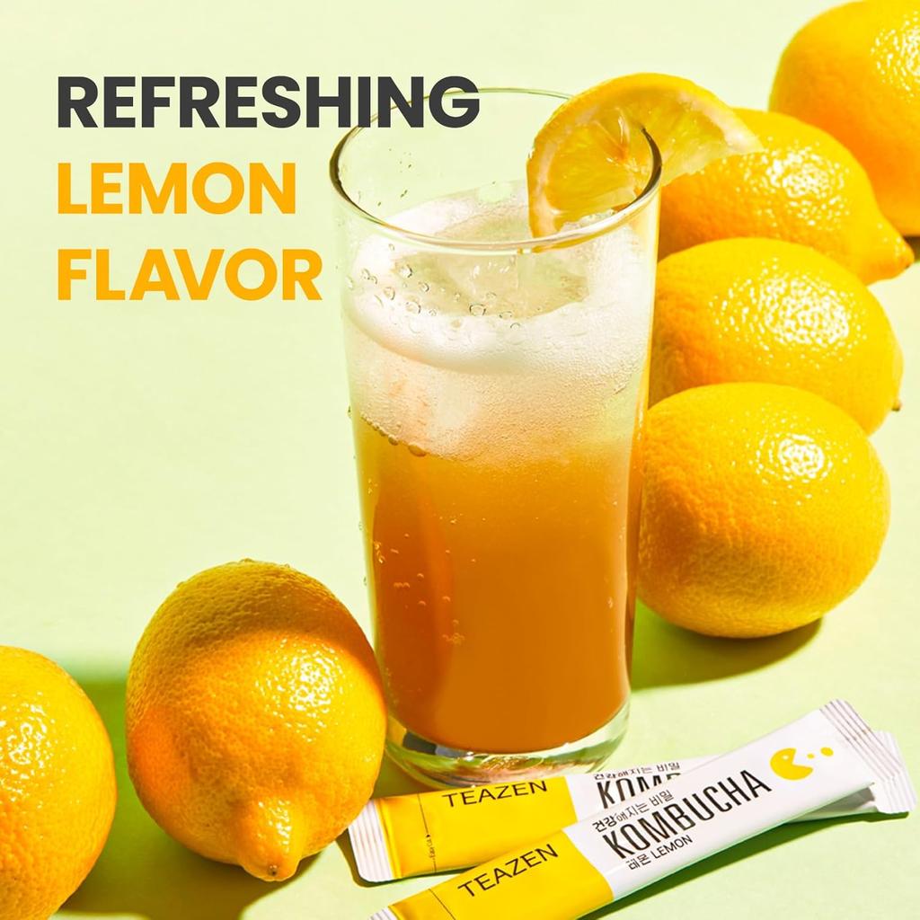 Чай TEAZEN с лимоном и чайным грибом, без сахара, игристый ферментированный порошок, живые пробиотики и пребиотики, 10,30 стиков по 5 г на пакетик