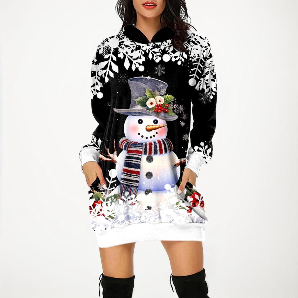 Women's Fashion Loose Casual Pocket Long Sleeve Hoodie Christmas Printed Sweatshirt Top