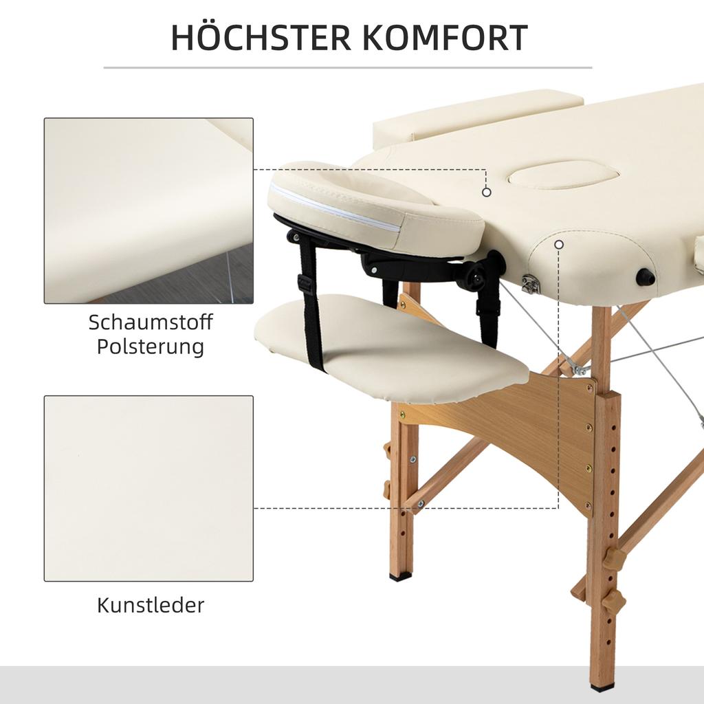 Portable Massage Bed, Folding Spa Beauty Massage Table with 2 Sections, Carry Bag and Wooden Frame, Cream