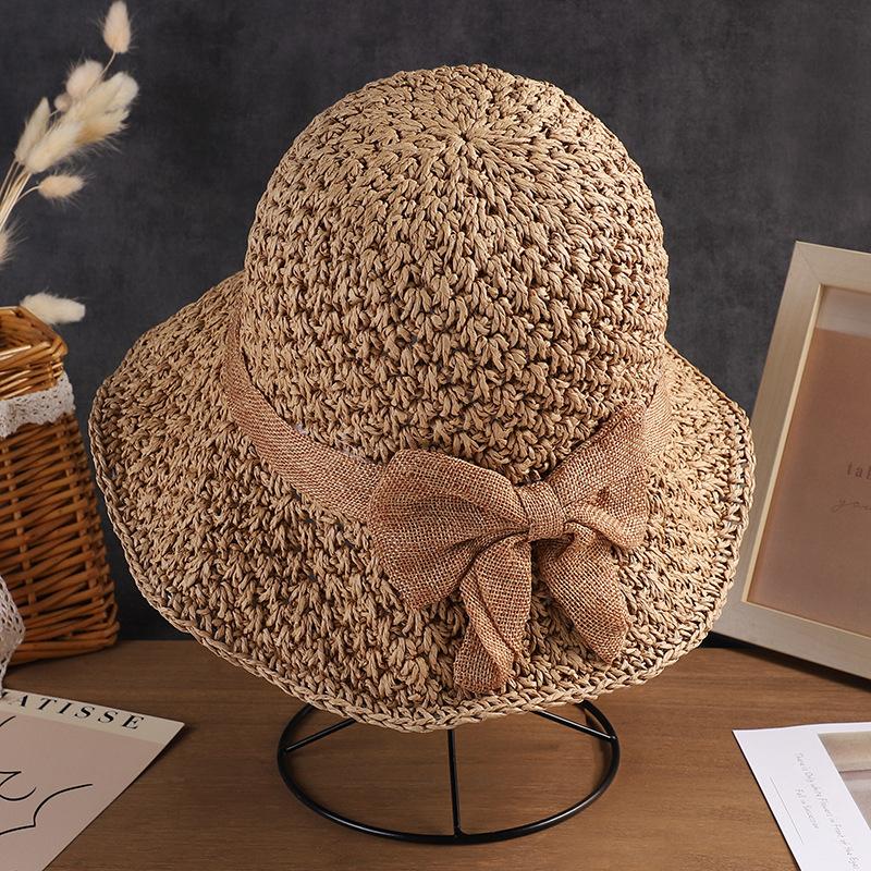 Женская соломенная шляпа с кружевным бантом, летняя шляпа с защитой от солнца, модная складная шляпа