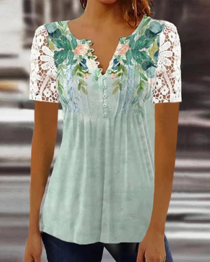 Women V‑Neck Short Sleeve T‑Shirt Lace Spliced Sleeve Pleated Button Solid Floral Print Casual Tops S‑5XL
