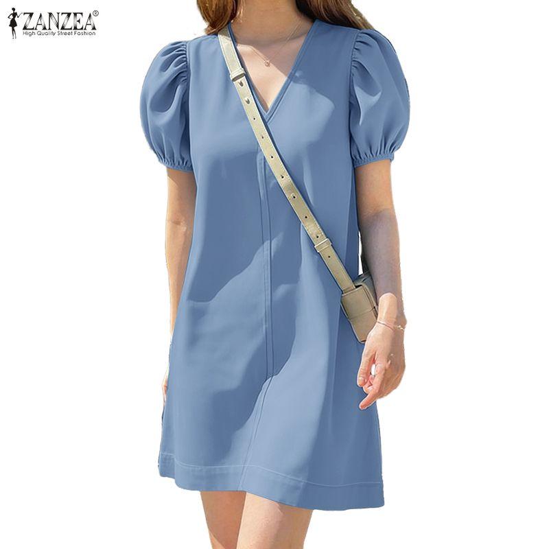 ZANZEA Women Casual V-Neck Solid Color Summer Short Sleeve Dress