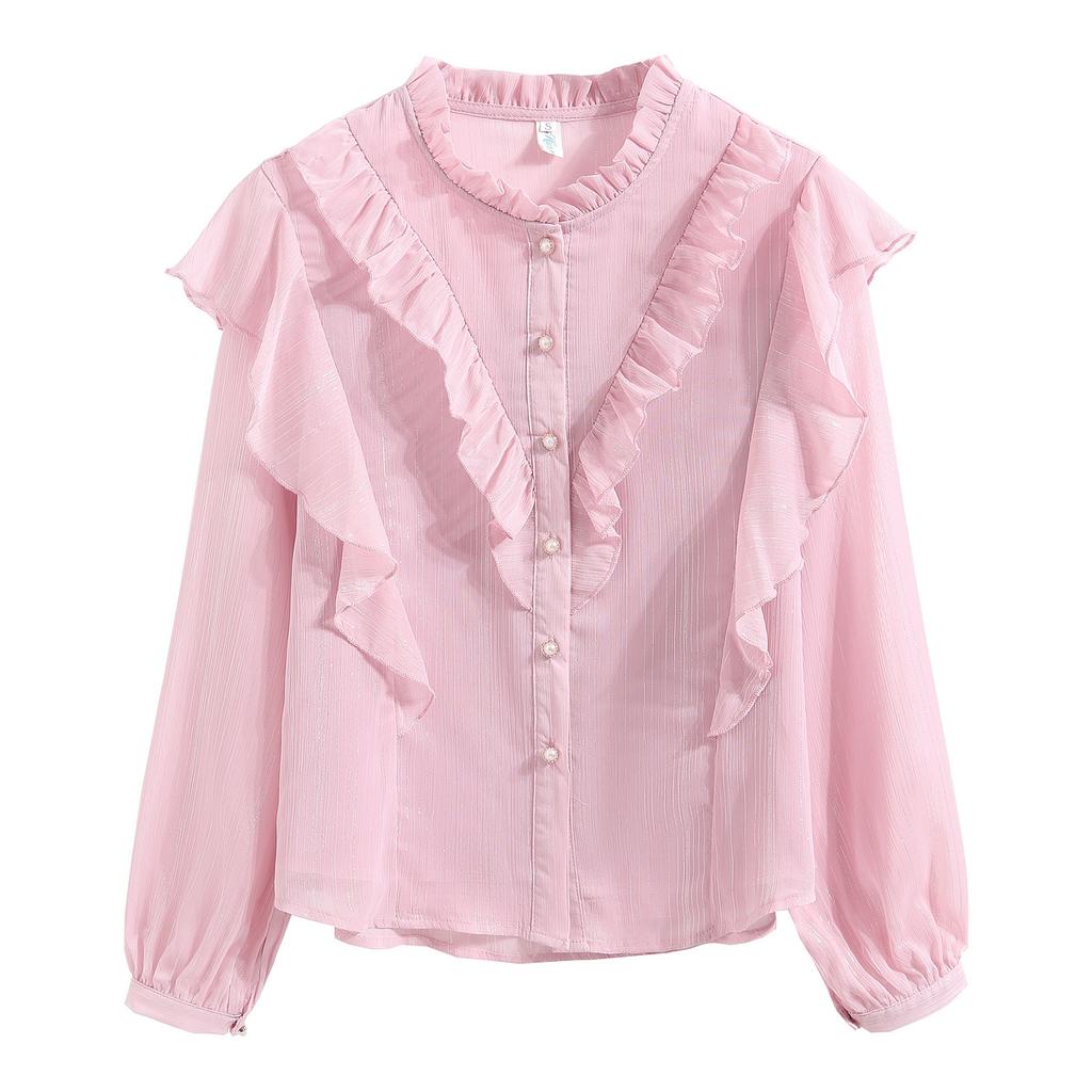 Fashion New 2024 Autumn Long Sleeve Stand Collar Casual Ruffles Chiffon Blouse Shirt Women Tops Blouses Shirts J554
