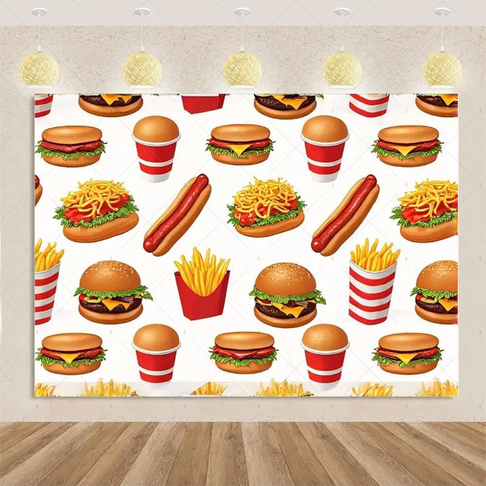 Pizza Hamburger Backdrop Supplies Quick Food Kid Birthday Party Decoration Cola French Fries Background Banner Photography Prop