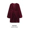 2025 Spring Women's European-American Velvet Knot Dress with Lining