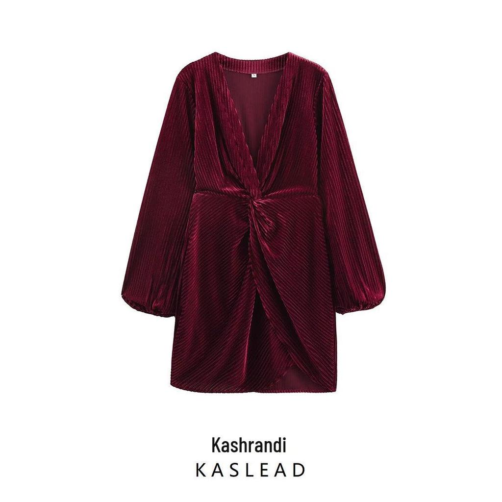 2025 Spring Women's European-American Velvet Knot Dress with Lining