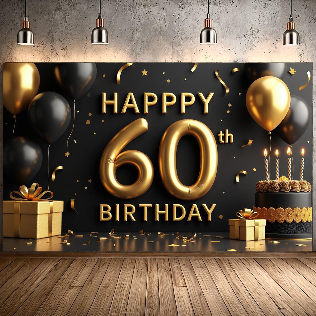 Блестящий баннер с надписью «С 60-летием!», чёрно-золотые шары, украшение для фона на день рождения, реквизит для фотосъёмки
