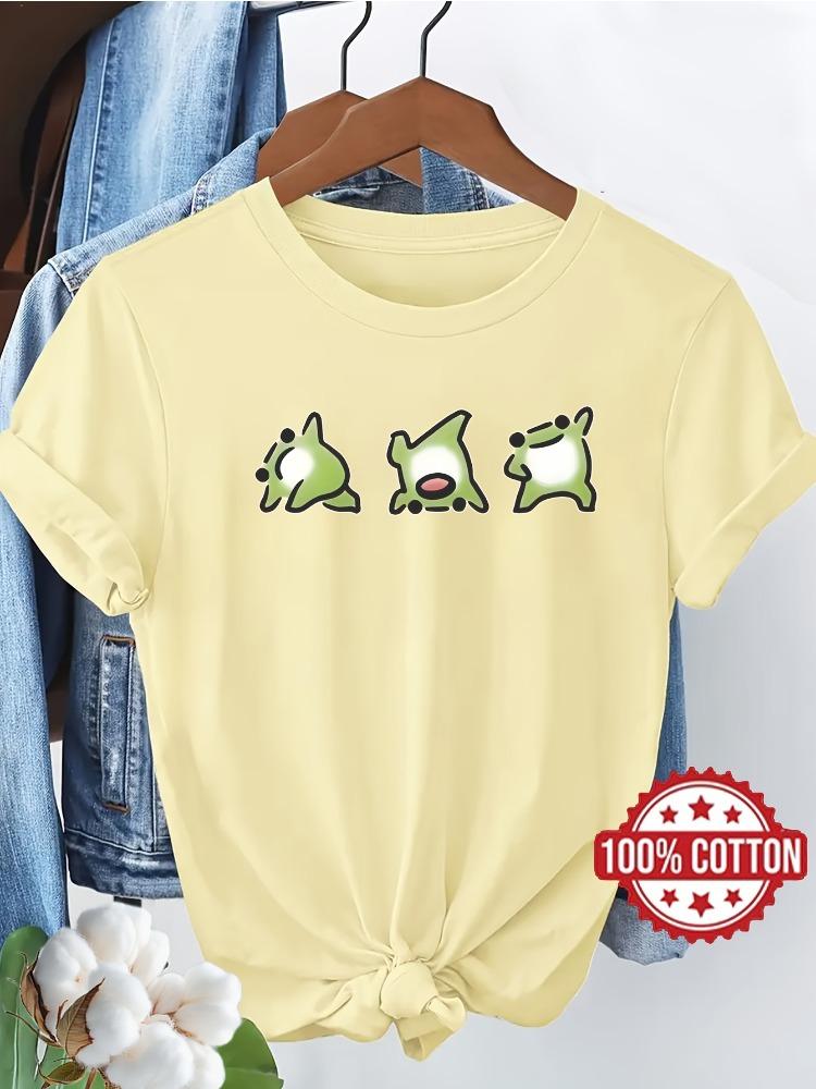 Womens Cotton ShortSleeve TShirt Cute Cartoon Frog Print Casual Crew Neck Top Breathable Comfortable Pullover Design