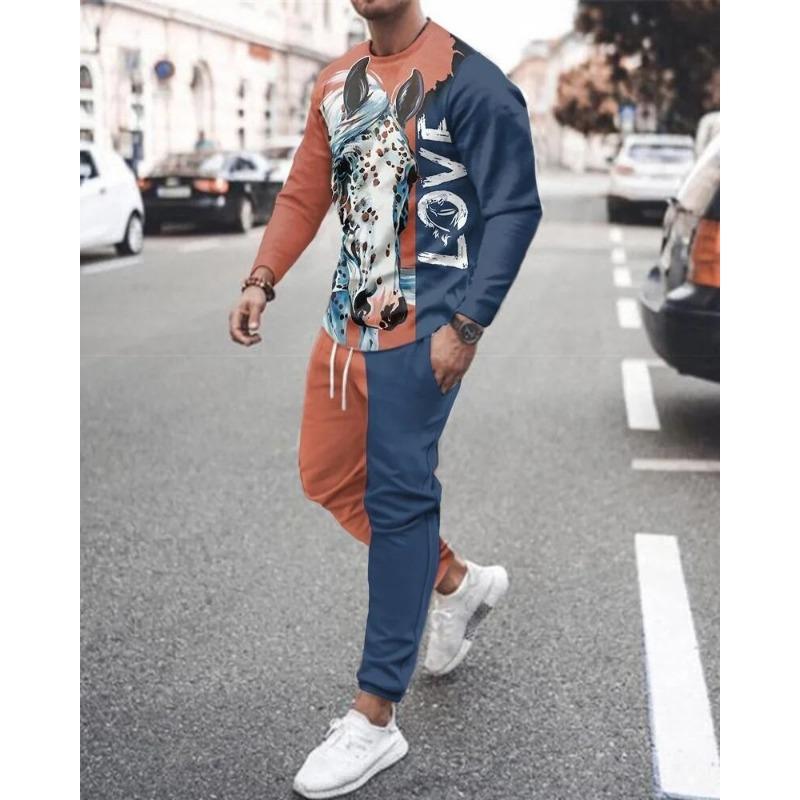 Men's New 2-piece Sports Shirt 3D Printing Long Sleeved Pants T-shirt Set Fashion Casual Street Wear Men's 2-piece Set