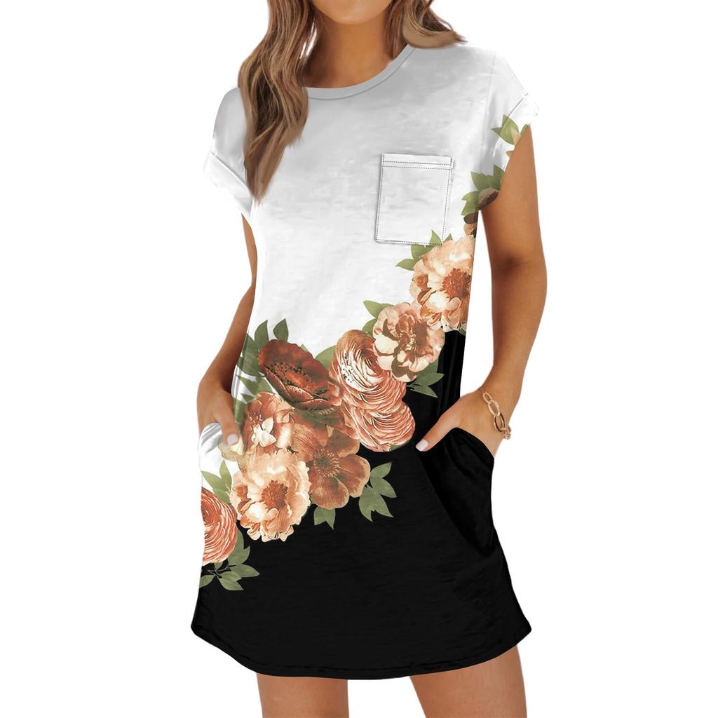 Женская мода повседневная летняя винтажная цветочная печать короткий рукав круглый вырез свободное платье с карманами
