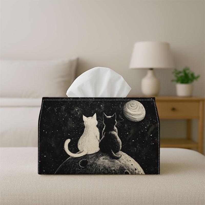 1pc 1pcs Moon Cat Tissue Box Holder - Black & White Kitten Starry Night Decor, Multifunctional Tissue Dispenser Suitable for Bedroom, Living Room, Car
