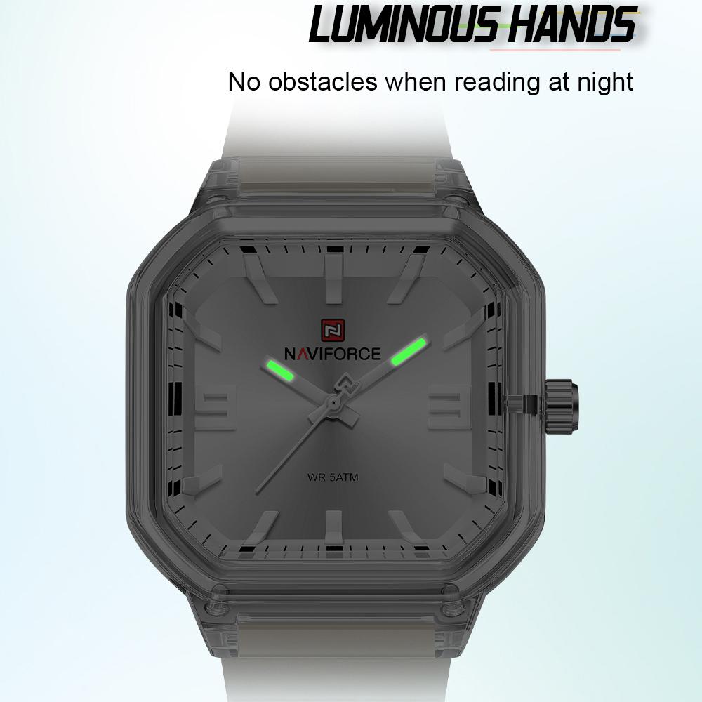 Naviforce Оригинальные женские квадратные часы Кварцевые Светящиеся стрелки Простой легкий силиконовый ремешок Водонепроницаемые Женские Повседневные Модные часы NF6108