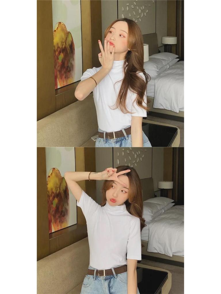 2027 Реальный Выстрел: Женская облегающая футболка с коротким рукавом и полуводолазкой (95% хлопок, 5% спандекс)