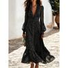 QICED Women's Fashion Autumn Spring V-Neck Long Sleeve Solid Color Print Casual Dresses Casual Chic