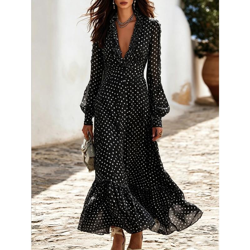 QICED Women's Fashion Autumn Spring V-Neck Long Sleeve Solid Color Print Casual Dresses Casual Chic