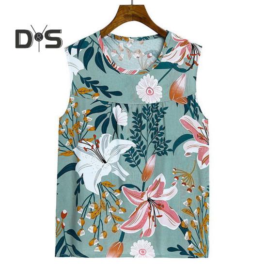2 Pcs/Set Women Vest Pants Set Flower Print Round Neck Sleeveless Loose Pleated Elastic Waist Wide Leg Casual Homewear Mid Aged Mother Pajamas Set