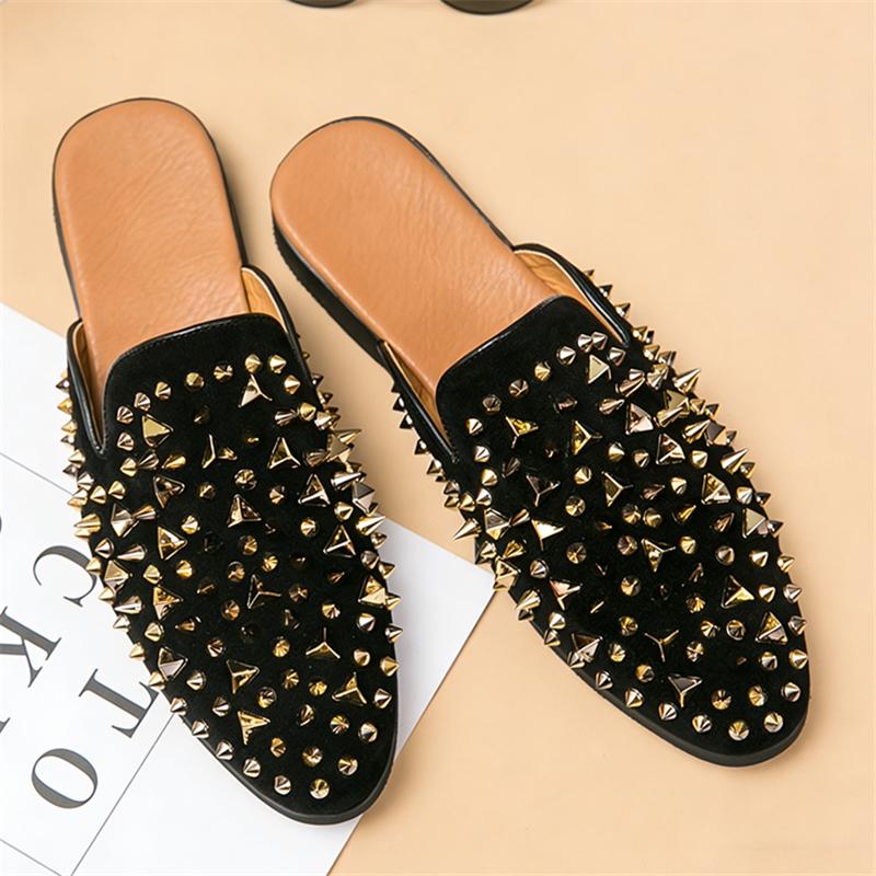 Designer New Men's Half Slippers Hip Hop Punk Rivet Shoes Slip on Casual Mules Moccasins Breathable Loafers Zapatos Hombre