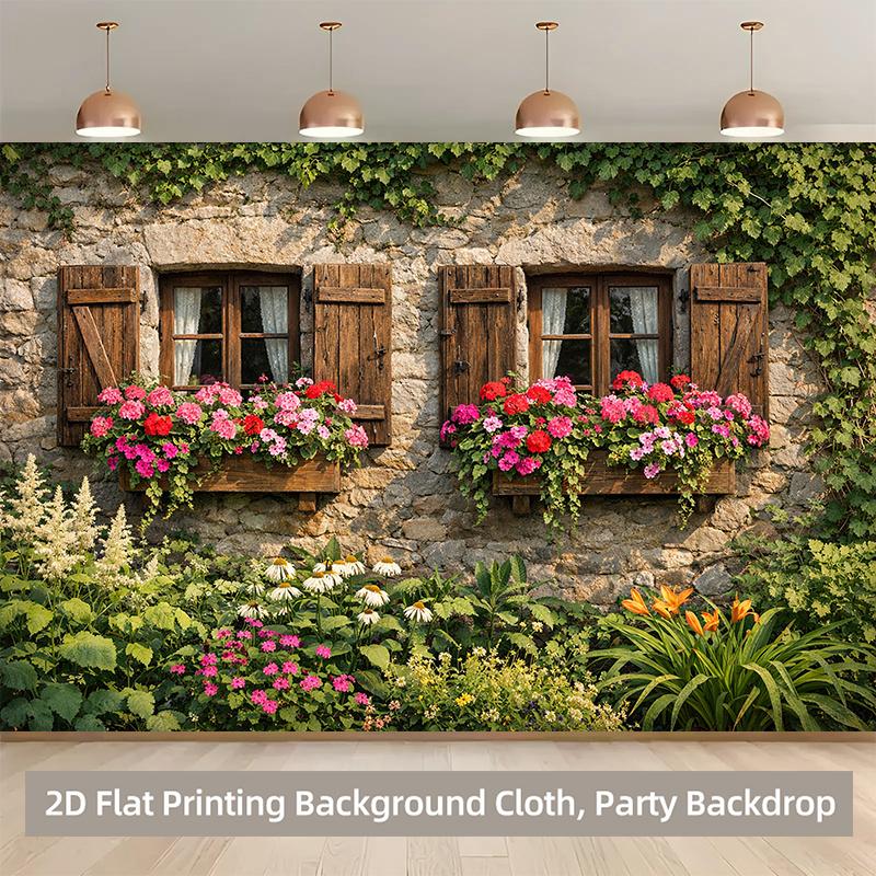 1 piece, 2D flat polyester background fabric with beautiful flowers blooming on a window, for indoor and outdoor decoration, wsj