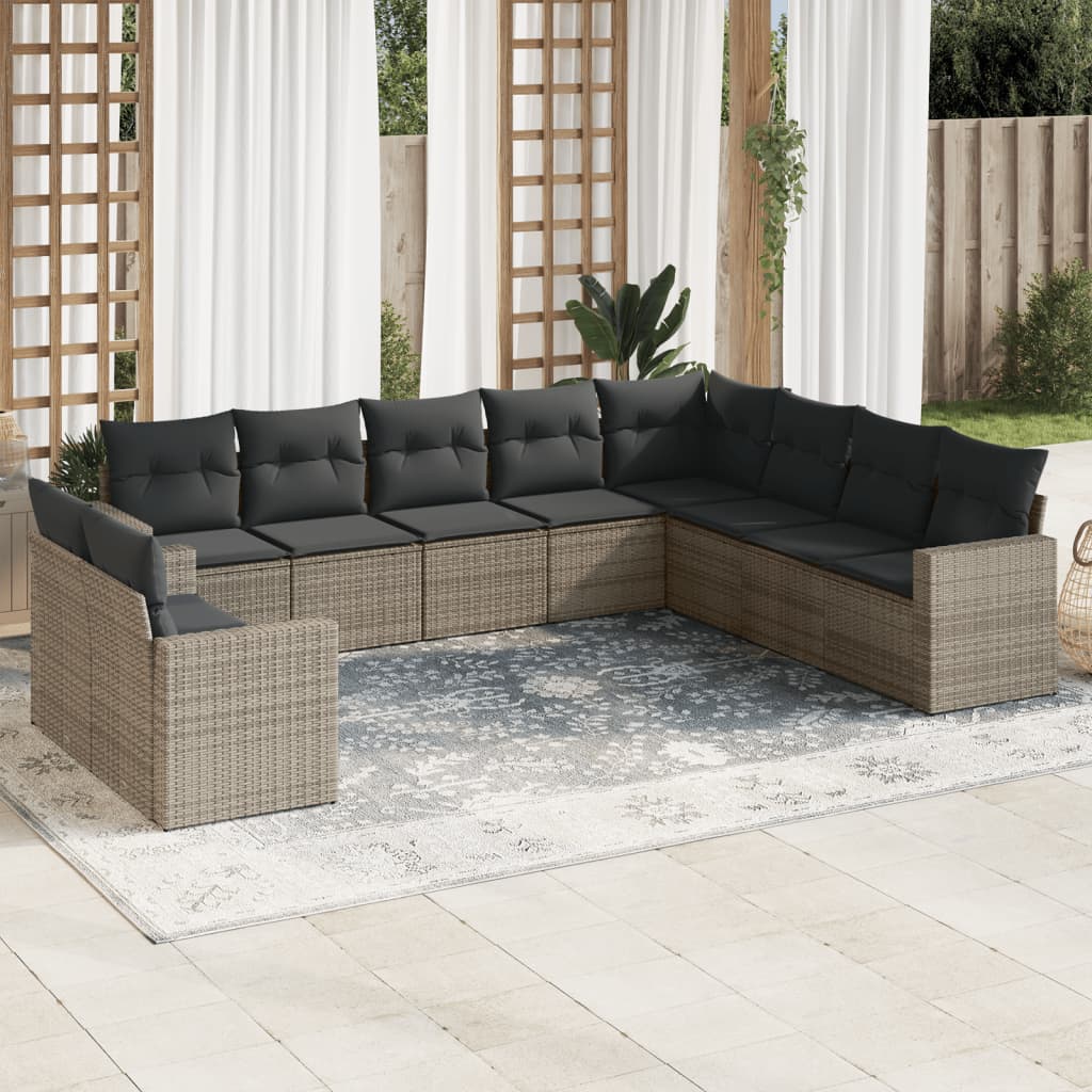 10 piece Garden Sofa Set with Cushions Grey Poly Rattan