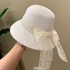 Женская соломенная кружевная шляпа-тазик с широкими полями, складной бант, солнцезащитный козырек от солнца, бежевая соломенная шляпа, летняя шляпа-ведро