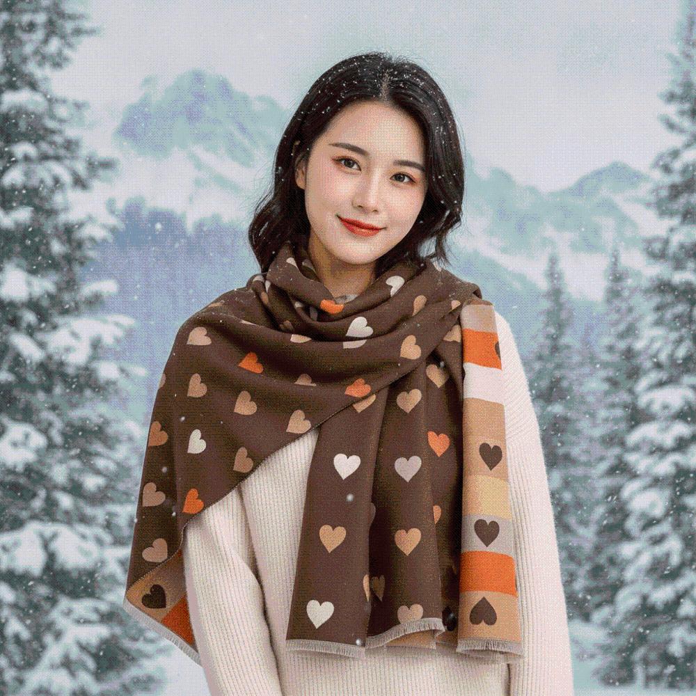 Thick Heart Pattern Scarf Warm Faux Cashmere Wrap Korean Style Muffler College Girls