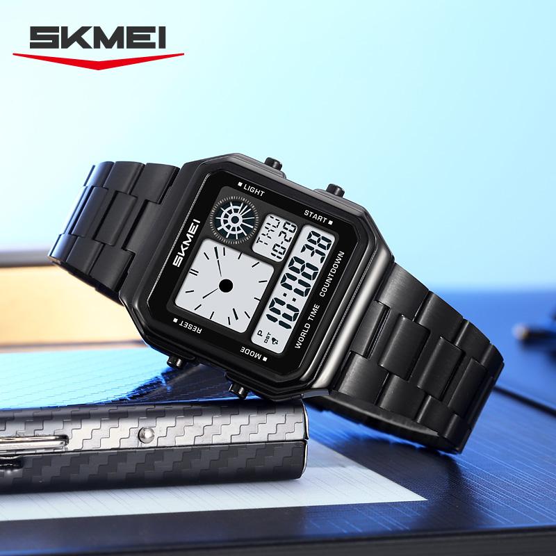 SKMEI 2451 Sport Watches for Men Luxury Stainless Steel Waterproof Calendar Digital Men Wristwatch Electronic Alarm Clock Reloj