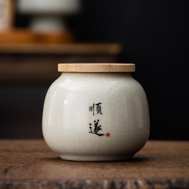 Ru Kiln Calligraphy Tea Canister Ceramic Mini Small Sealed Jar Pu'er Red Green Tea Storage Tea Powder Canister Dried Fruit Moist