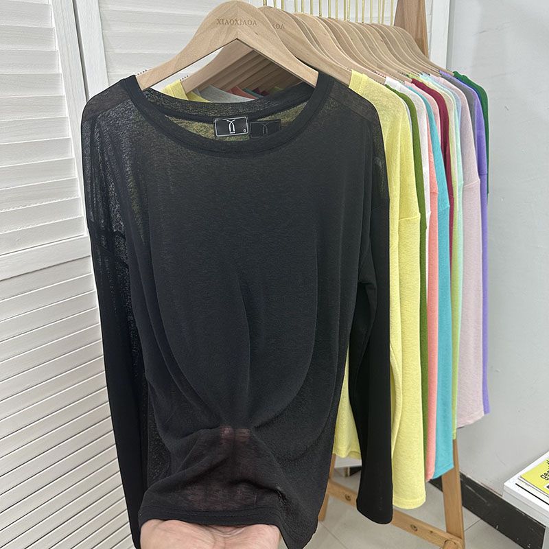 Женская однотонная футболка с длинными рукавами, летняя микропрозрачная футболка с круглым вырезом, корейская минималистская женская одежда